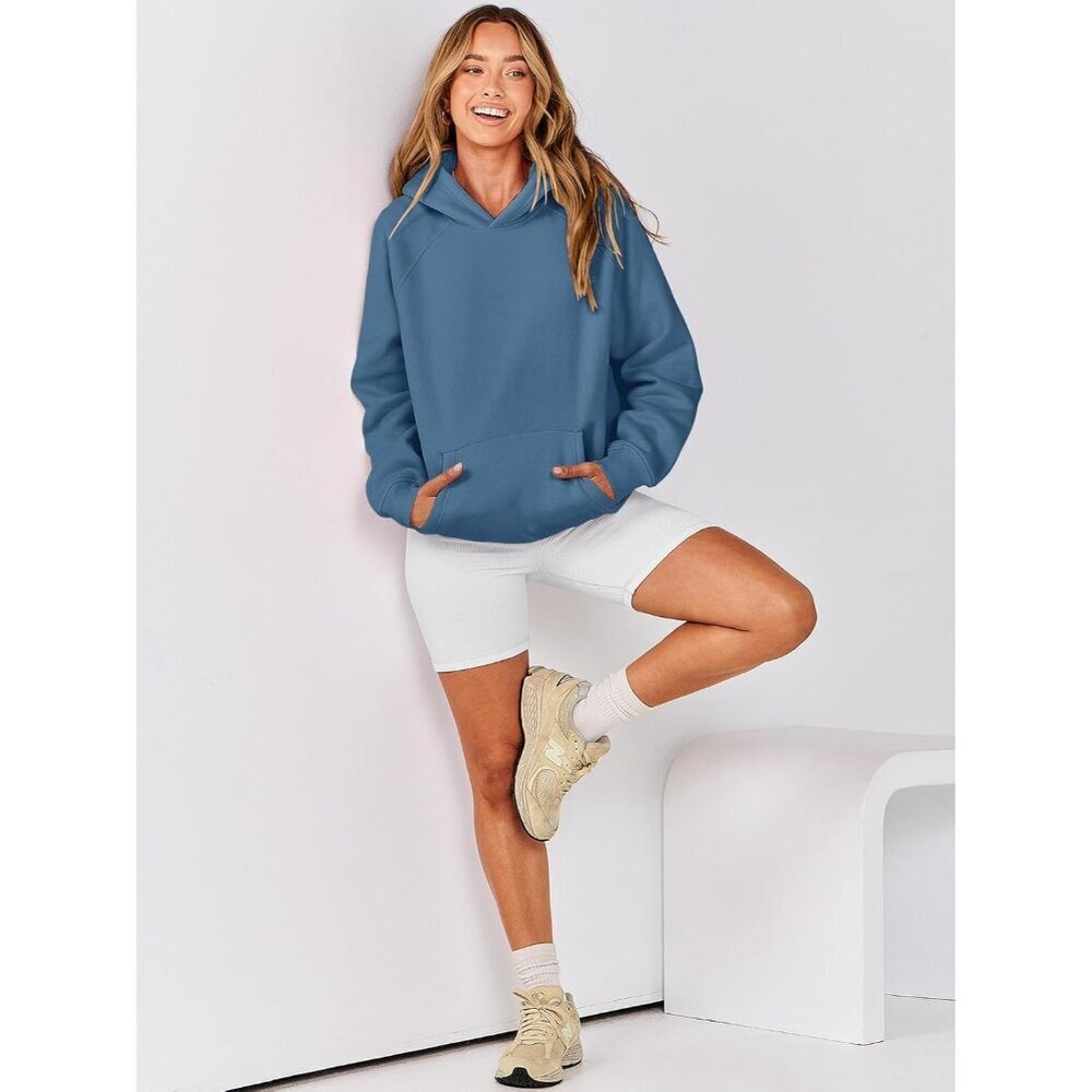 Women Deep Blue Hoodies Oversized Fleece Long Sleeve Comfy Casual Sweatshirts - Picture 9 of 9
